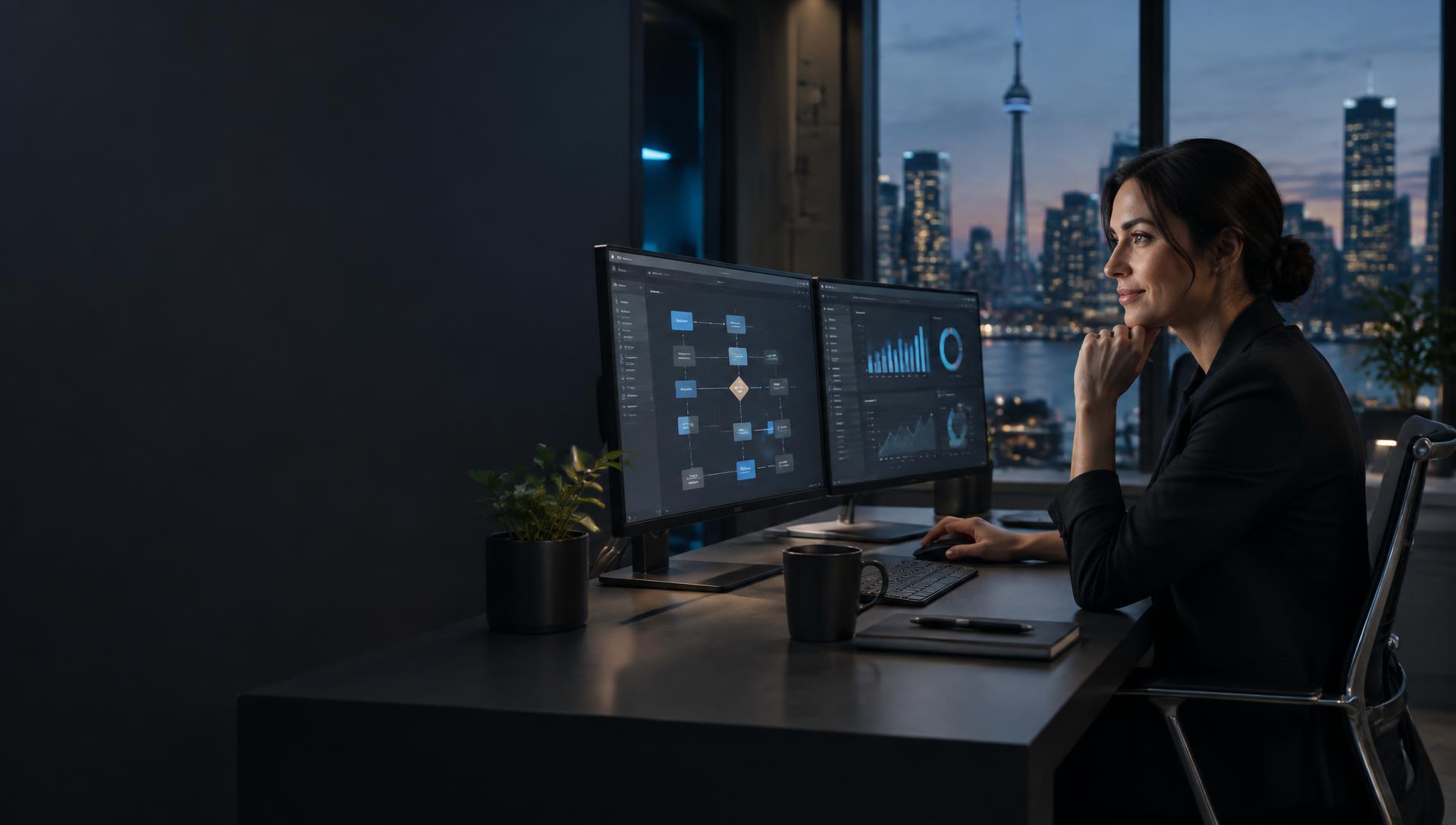 Business professional reviewing an automated workflow and performance data